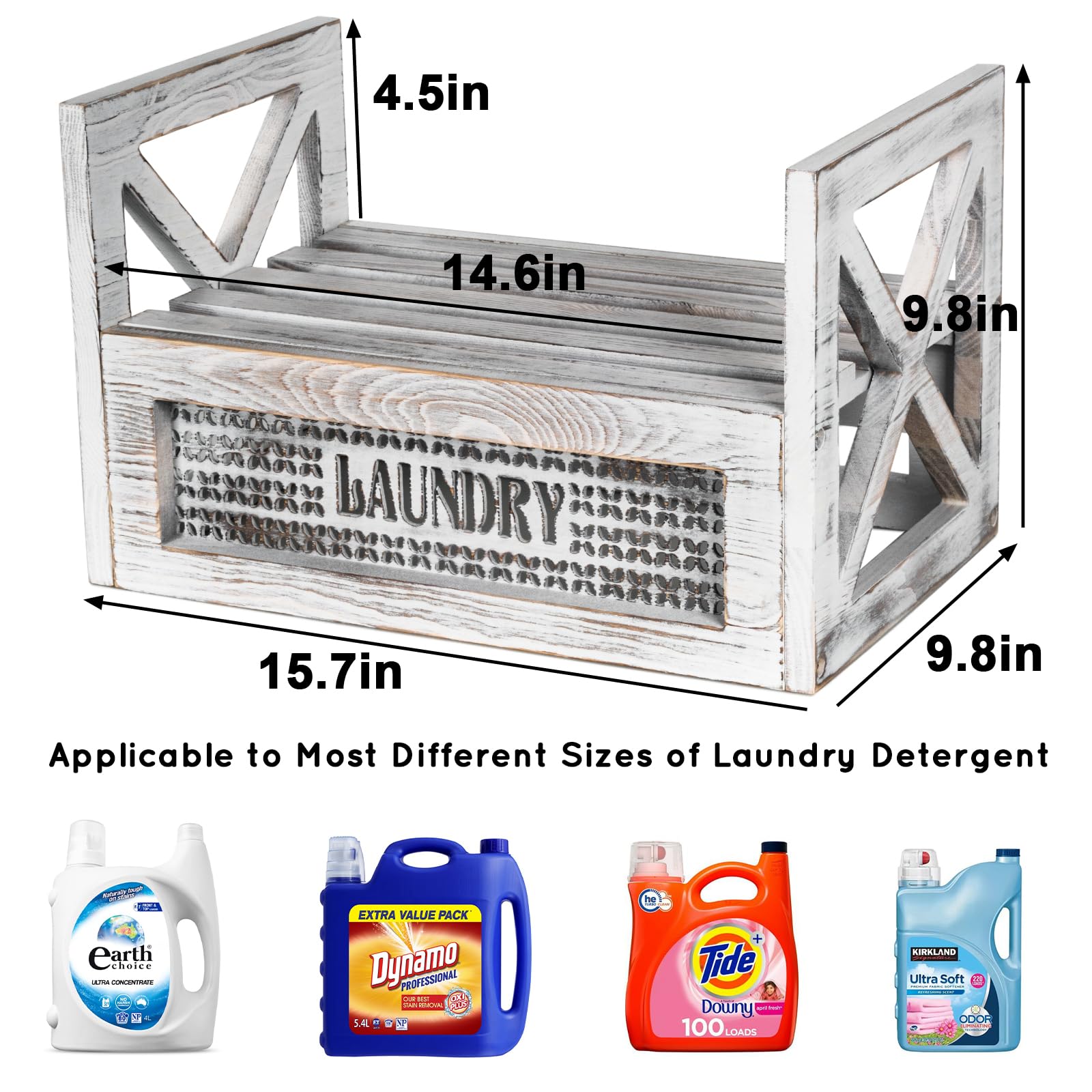 GIRVEM Laundry Detergent Holder with Drip Tray Catcher - Wooden Farmhouse Laundry Room Decor - Rustic Detergent Holder Accessories for New Home