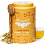 JusTea TURMERIC GINGER | Loose Leaf Herbal Tea | Tin with Hand Carved Tea Spoon | 40+ Cups (3.9oz) | Caffeine Free | Award-Winning | Fair Trade |