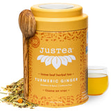 JusTea TURMERIC GINGER | Loose Leaf Herbal Tea | Tin with Hand Carved Tea Spoon | 40+ Cups (3.9oz) | Caffeine Free | Award-Winning | Fair Trade |