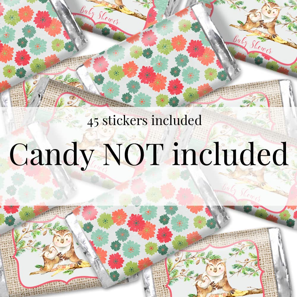 Amanda Creation “Guess Whooo” Cute Owl Baby Girl Shower Sprinkle Mini Chocolate Candy Bar Sticker Wrappers, 45 1.4" x 2.6" Wrap Around Labels, Great