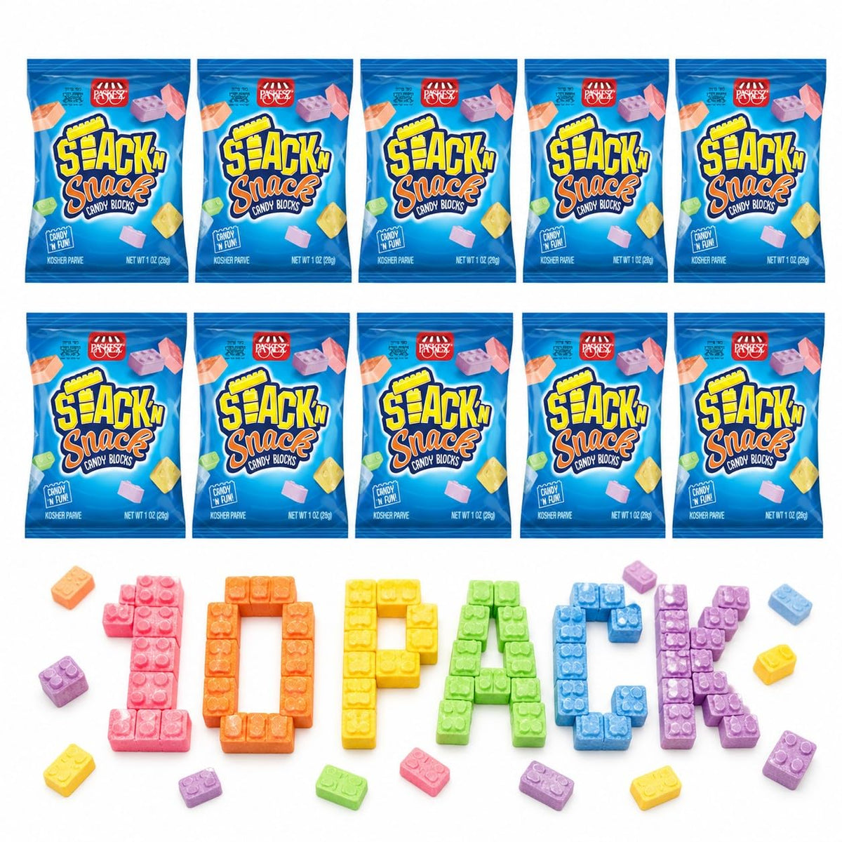 DOUzzle Kosher, Stack 'n Snack Candy Blocks, Edible Bricks, Building Blox, Construction Cake Toppers, (10 Pack), Individually Wrapped Treats, Birthday
