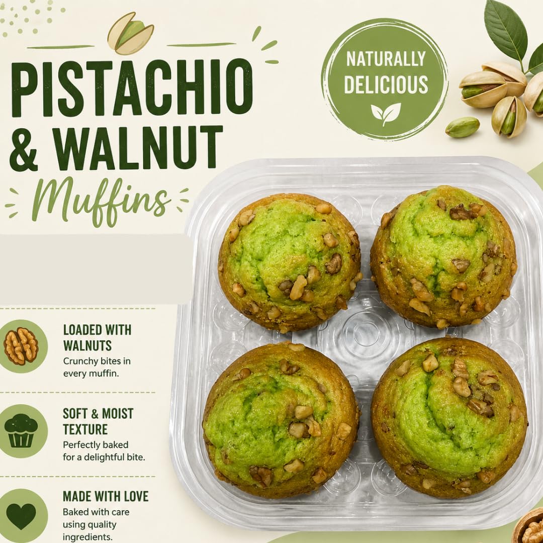 Pistachio Walnut Muffins, Soft Moist Bakery Breakfast Snack, 4 Count, 14 oz - JO BAKES
