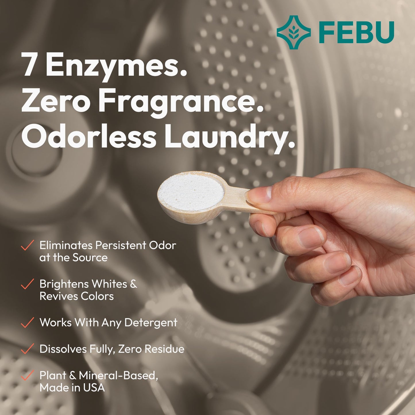 FEBU Enzyme Oxygen Laundry Booster | 7-Enzymes Including DNase | Odor Eliminator & Stain Remover for Sweat, Pet & Musty Odors | Concentrated Powder