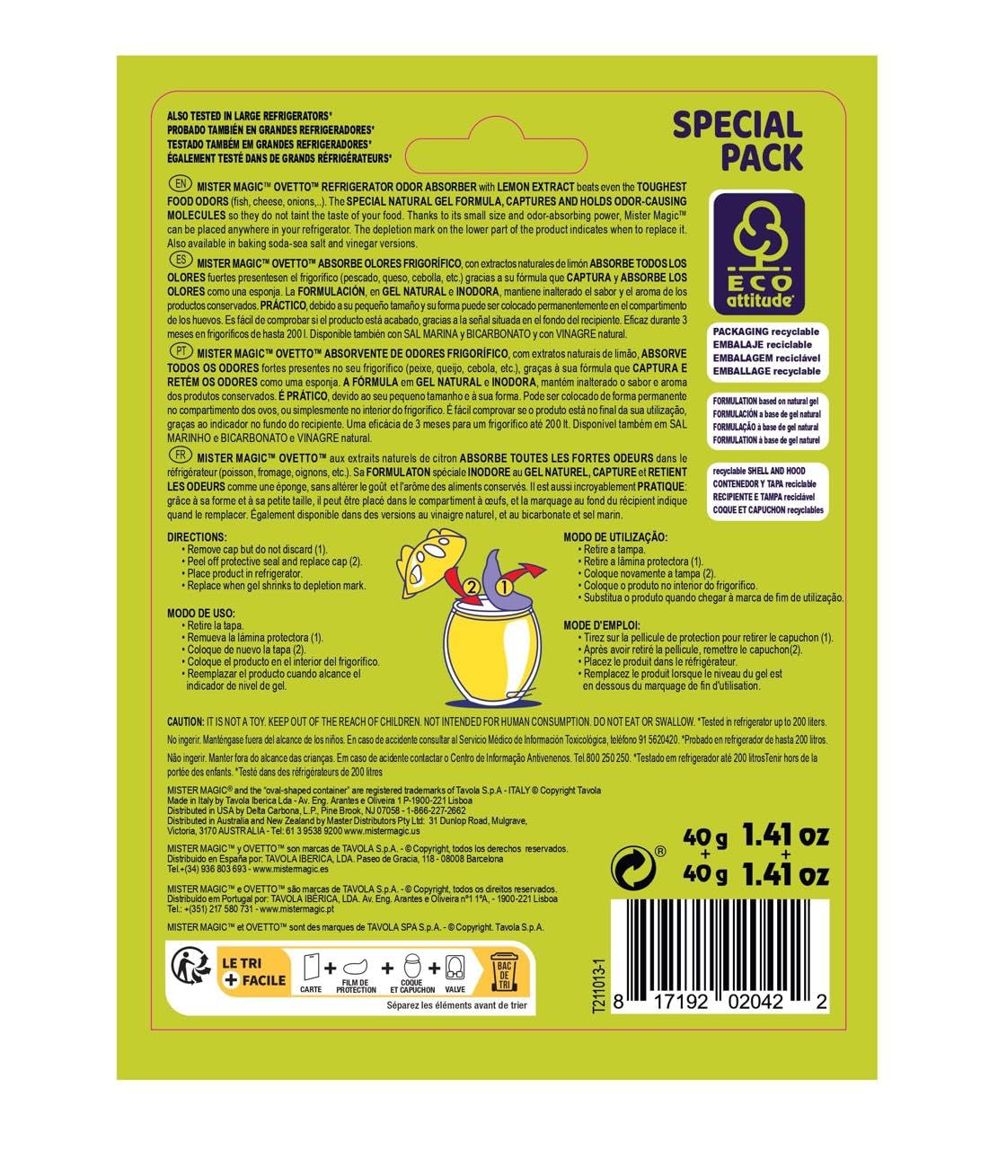 Mister Magic Refrigerator Odor Absorber - Natural Lemon Formula Gel, Odorless Fridge Deodorizer, Neutralizes Food Odors, Lasts Up to 90 Days, Safe