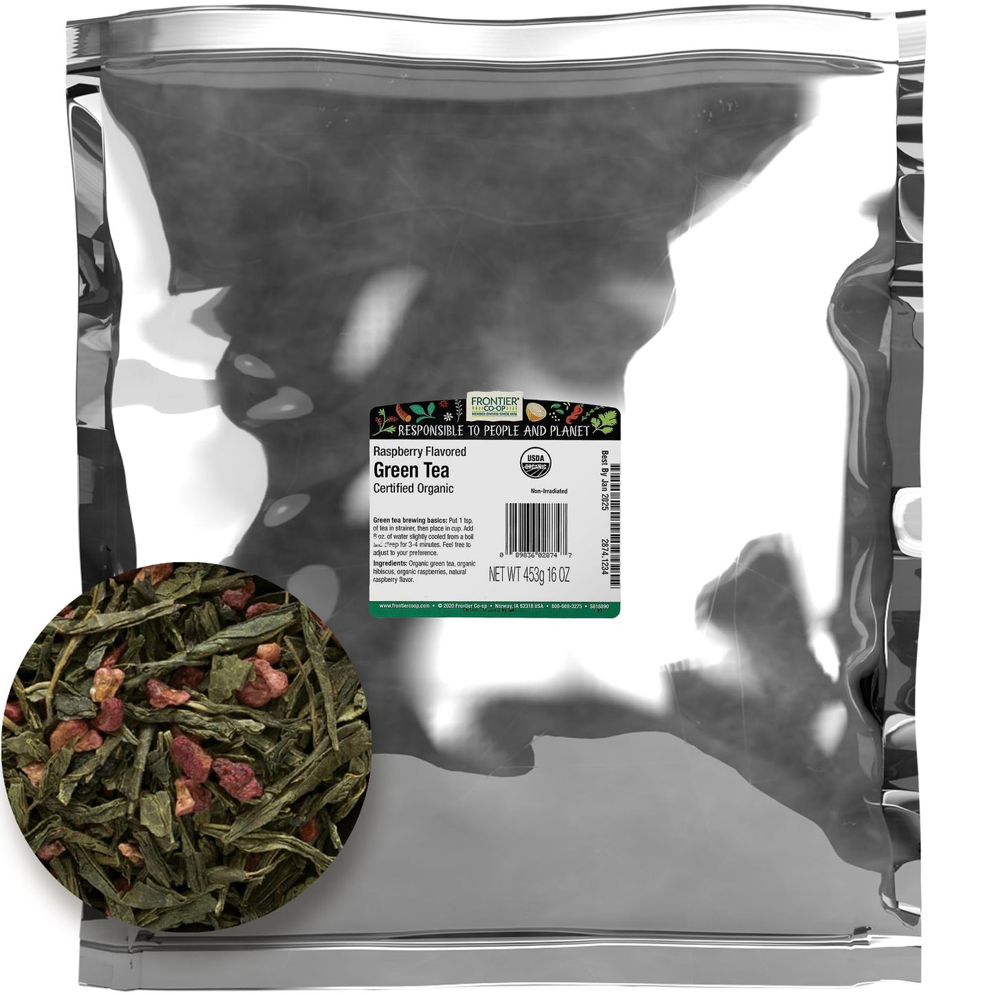 Frontier Bulk Green Tea, Raspberry Flavored, Organic, 16 Ounce
