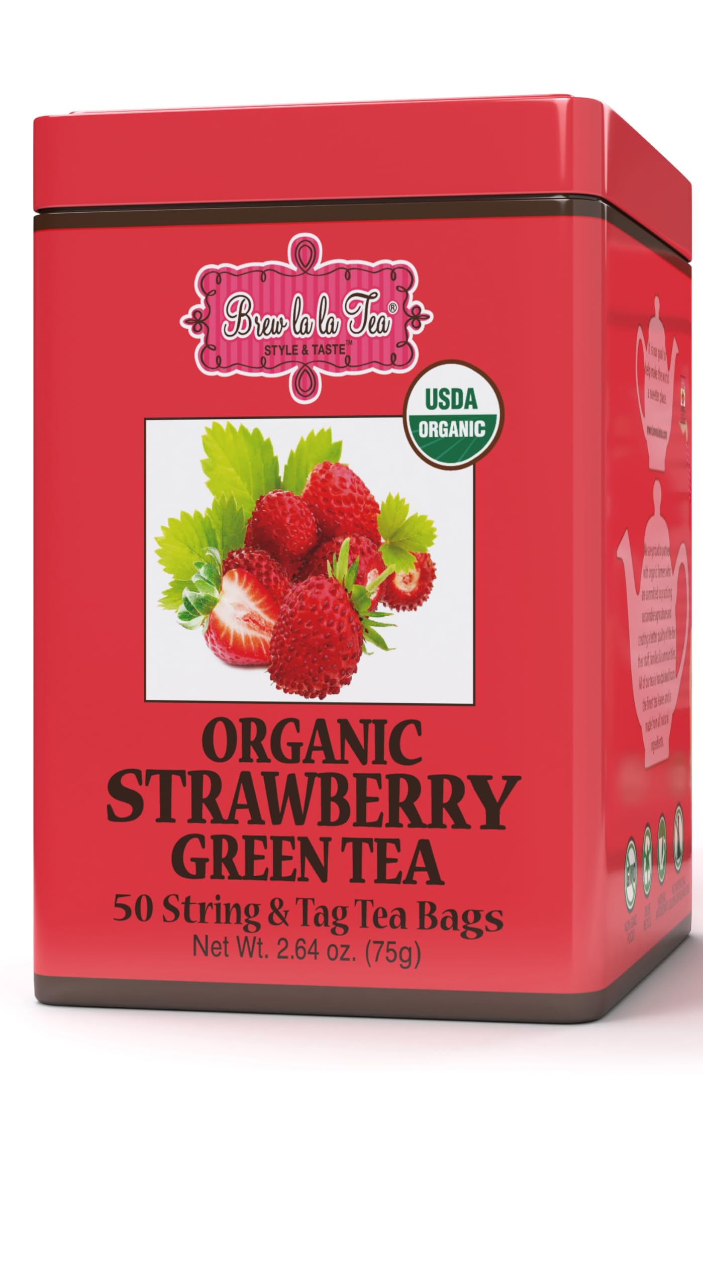 Brew La La Organic Green Tea - Natural Strawberry Flavor - 50 Tea Bag Tin - Low Caffeine - USDA Certified Organic