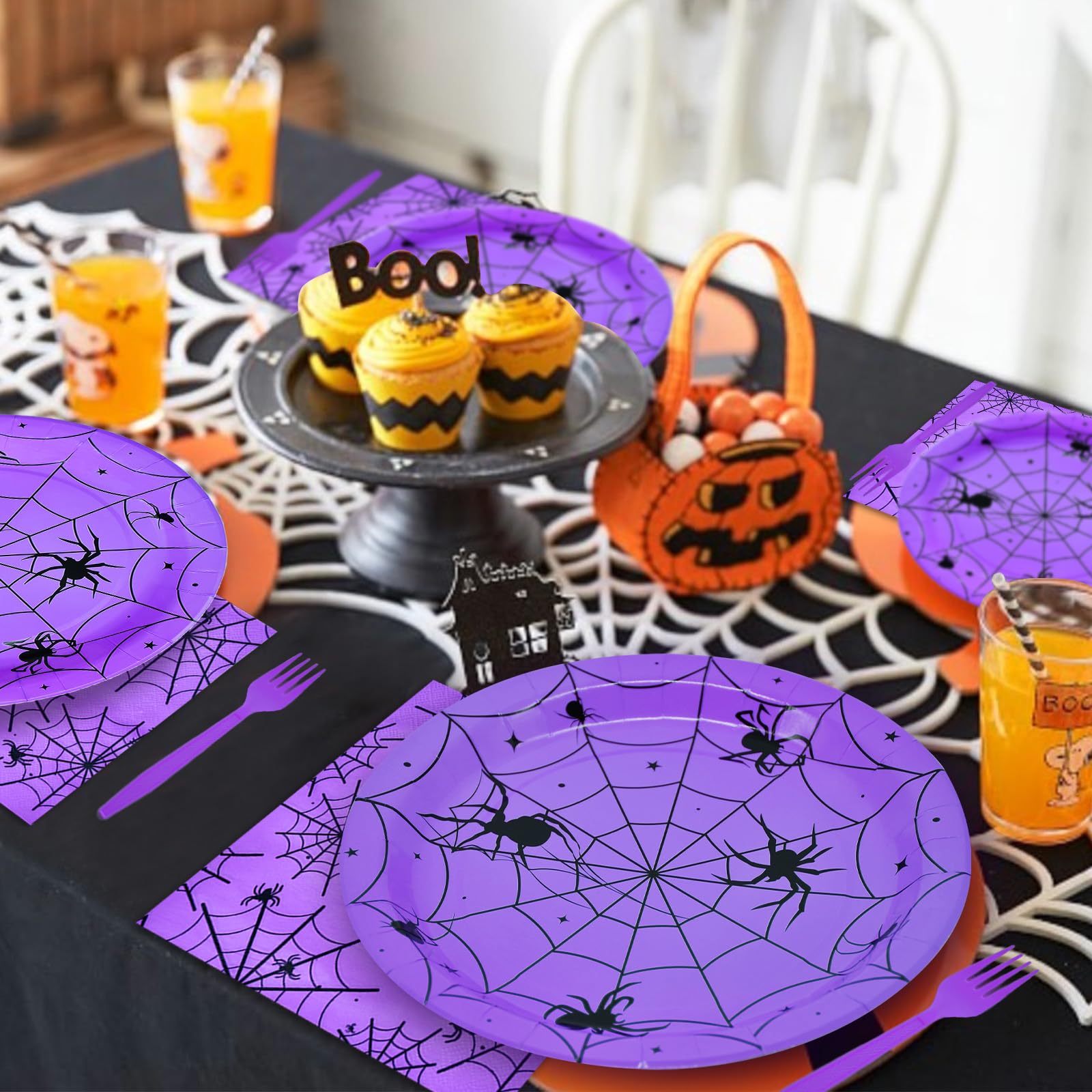 96 Pieces Halloween Spider Web Tableware Party Supplies - Disposable Dinnerware Set with Paper Plates, Napkins, and Forks for Spooky Halloween Party