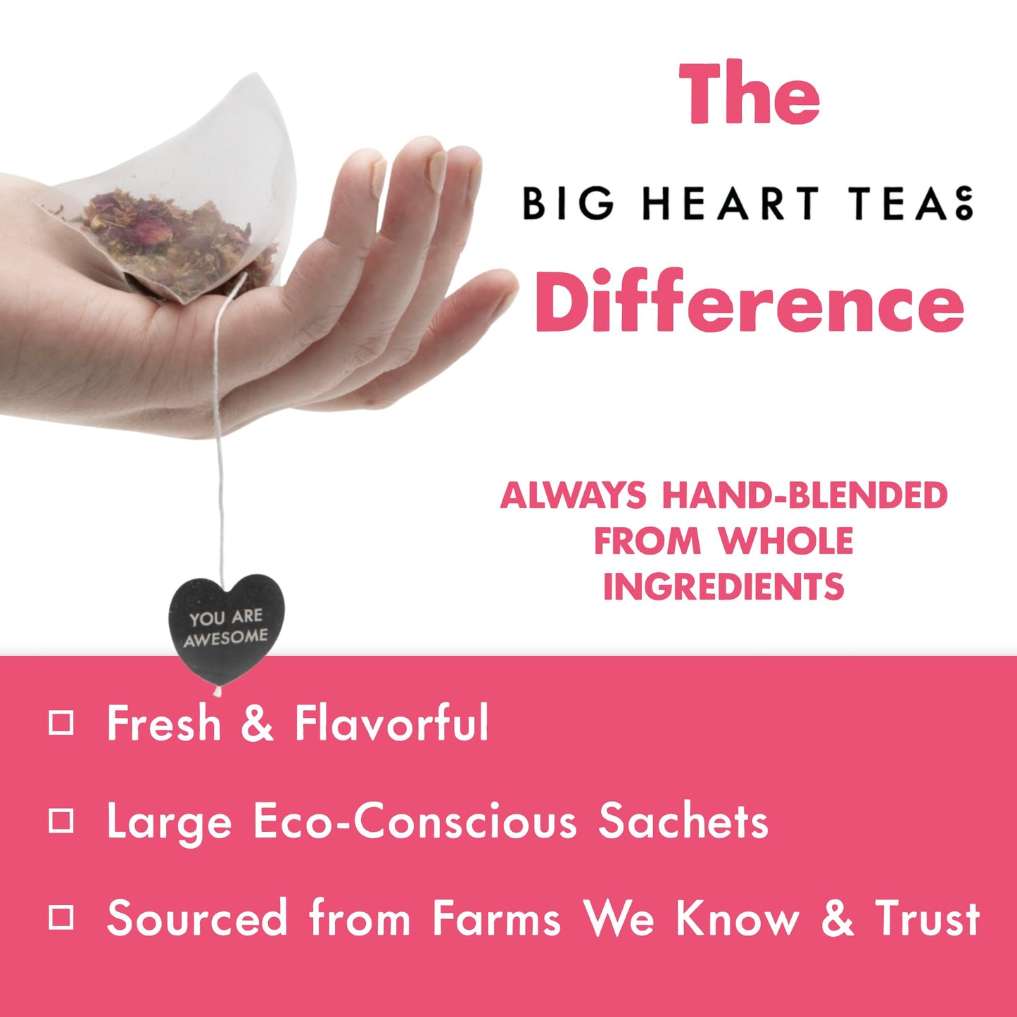 Big Heart Tea Co. Tea Bags - Blushing Pink Hibiscus - Certified Organic, Naturally Sweet Ayurvedic Herbal Decaf Tea with Small Batch Ground Herbs
