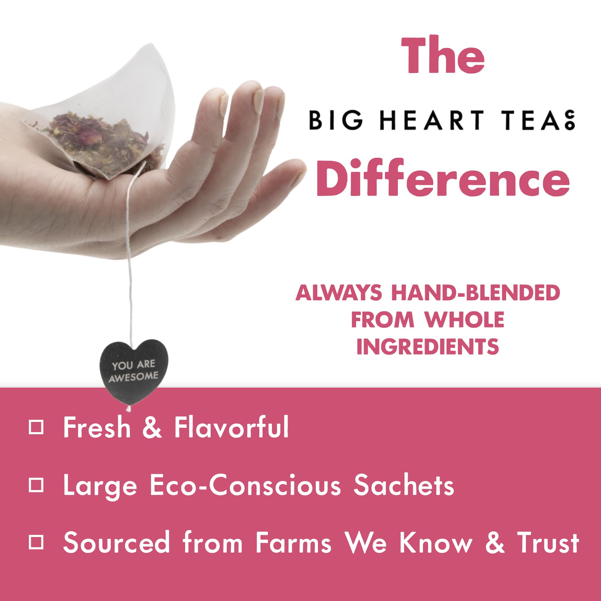 Big Heart Tea Co. Tea Bags - Blushing Pink Hibiscus - Certified Organic, Naturally Sweet Ayurvedic Herbal Decaf Tea with Small Batch Ground Herbs
