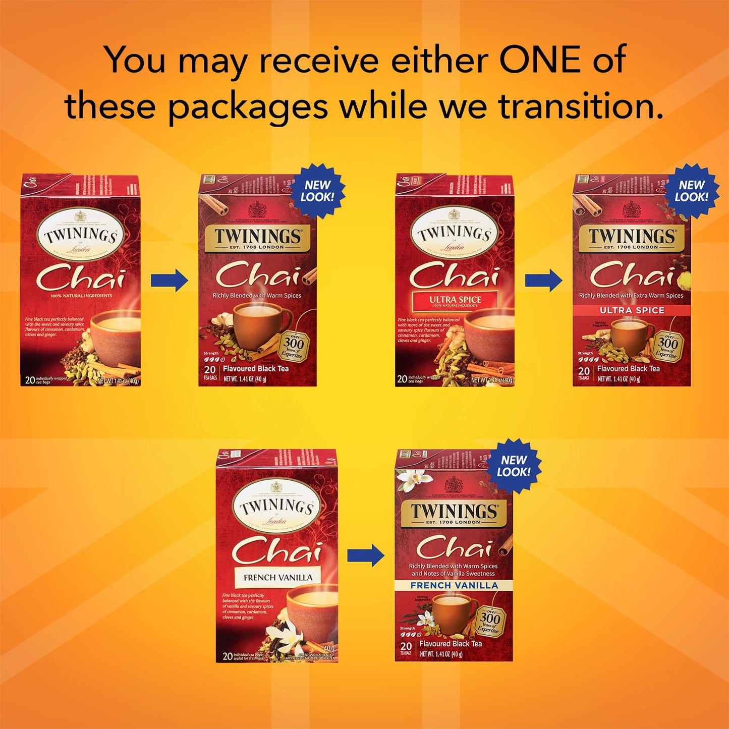 Twinings Chai Tea Variety 3-Pack - Chai, Ultra Spice Chai, and French Vanilla Chai, Caffeinated Black Tea Bags, 20 Count Each