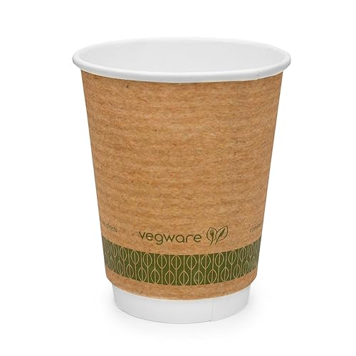 Vegware Compostable Disposable 8oz Coffee Cups, Case of 500, Double Wall For Hot Liquids, Kraft Paper Cup, Lined, Sustainable Board With a Plant Based