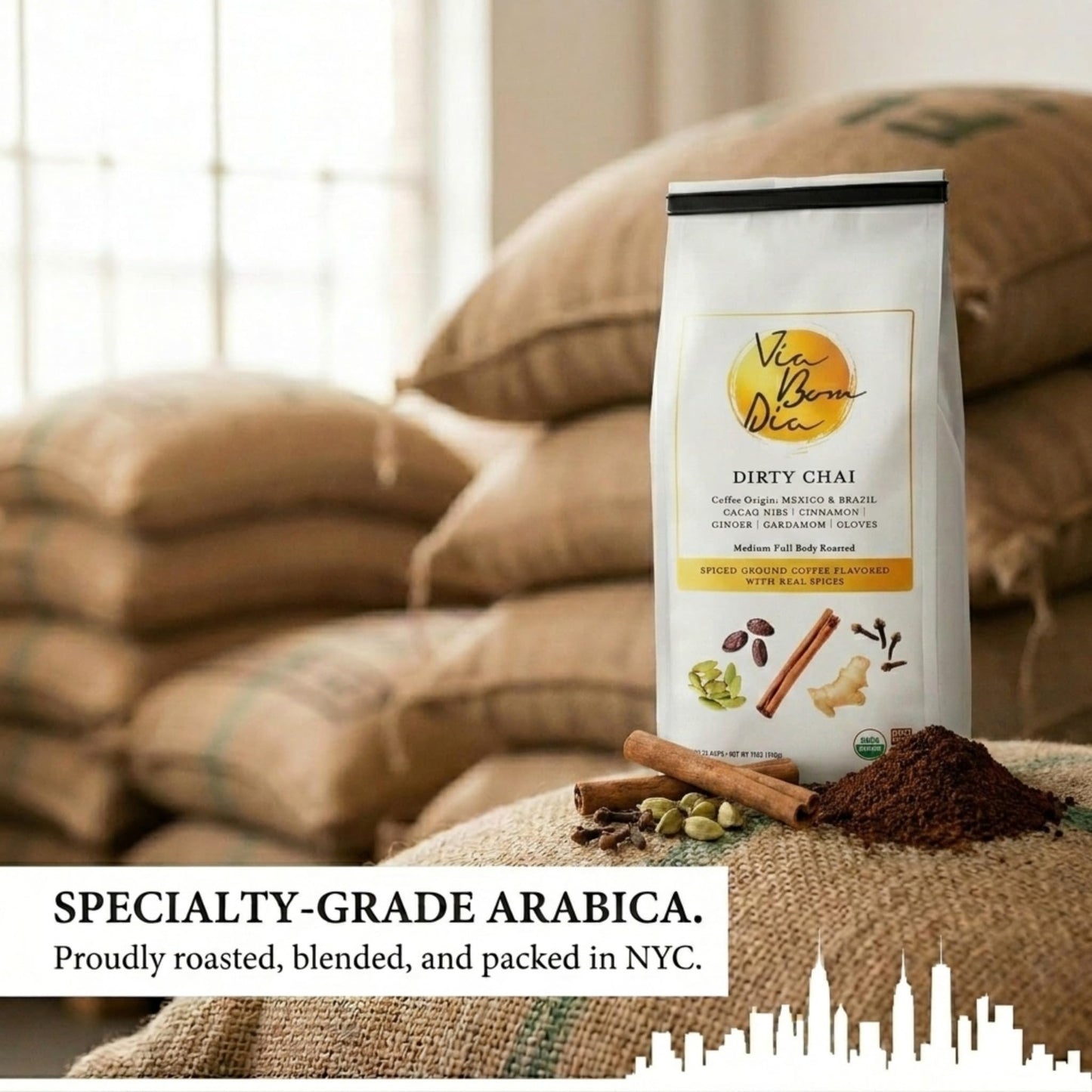 Via Bom Dia 100% Naturally Flavored Ground Coffee, Dirty Chai, Medium Roast, No Artificial Flavors, 12 oz. Bag