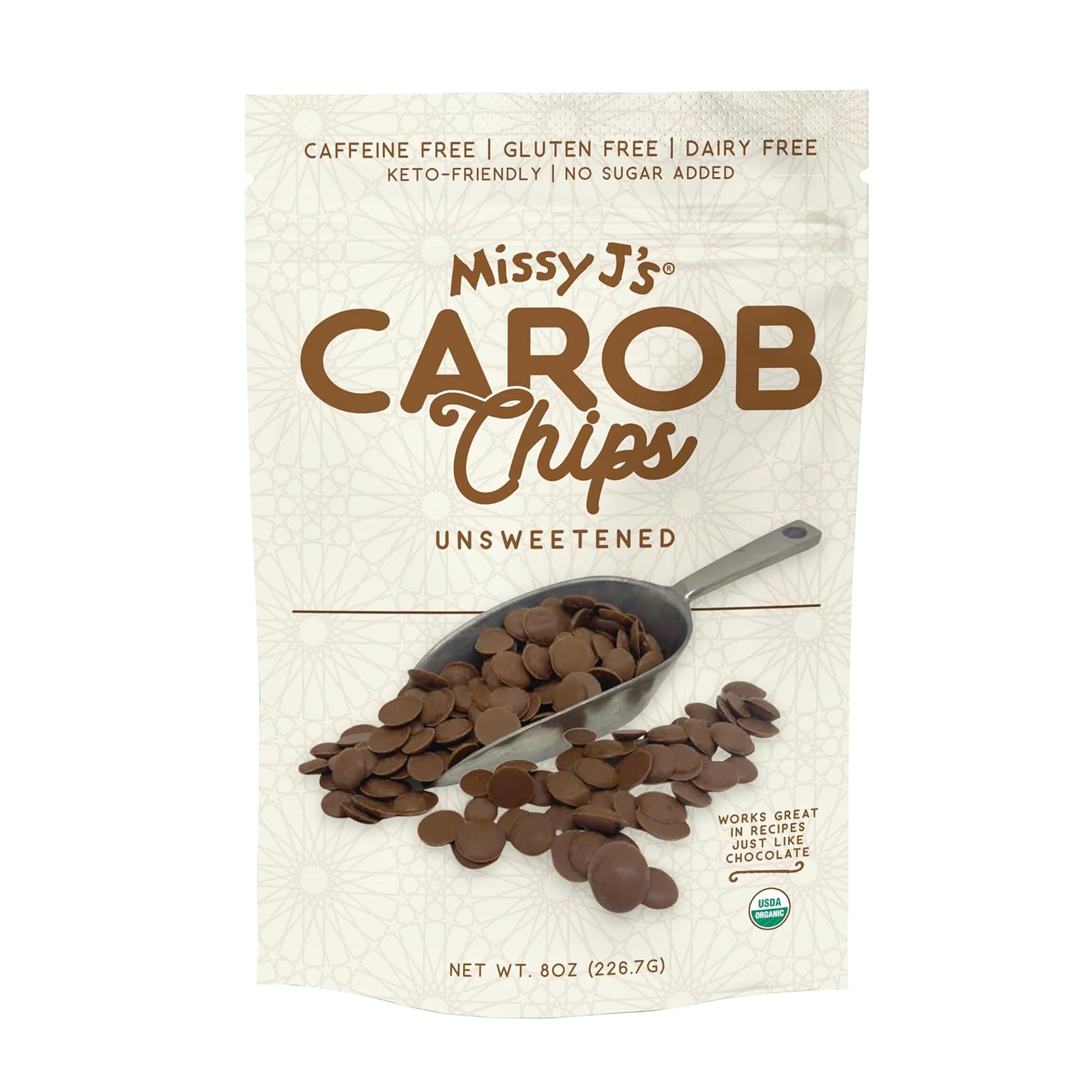 Missy J's organic Unsweetened Carob Chips 8 Oz, Vegan, Gluten and Caffeine Free, Healthy Substitute for Chocolate, Perfect for Snacks and Treats