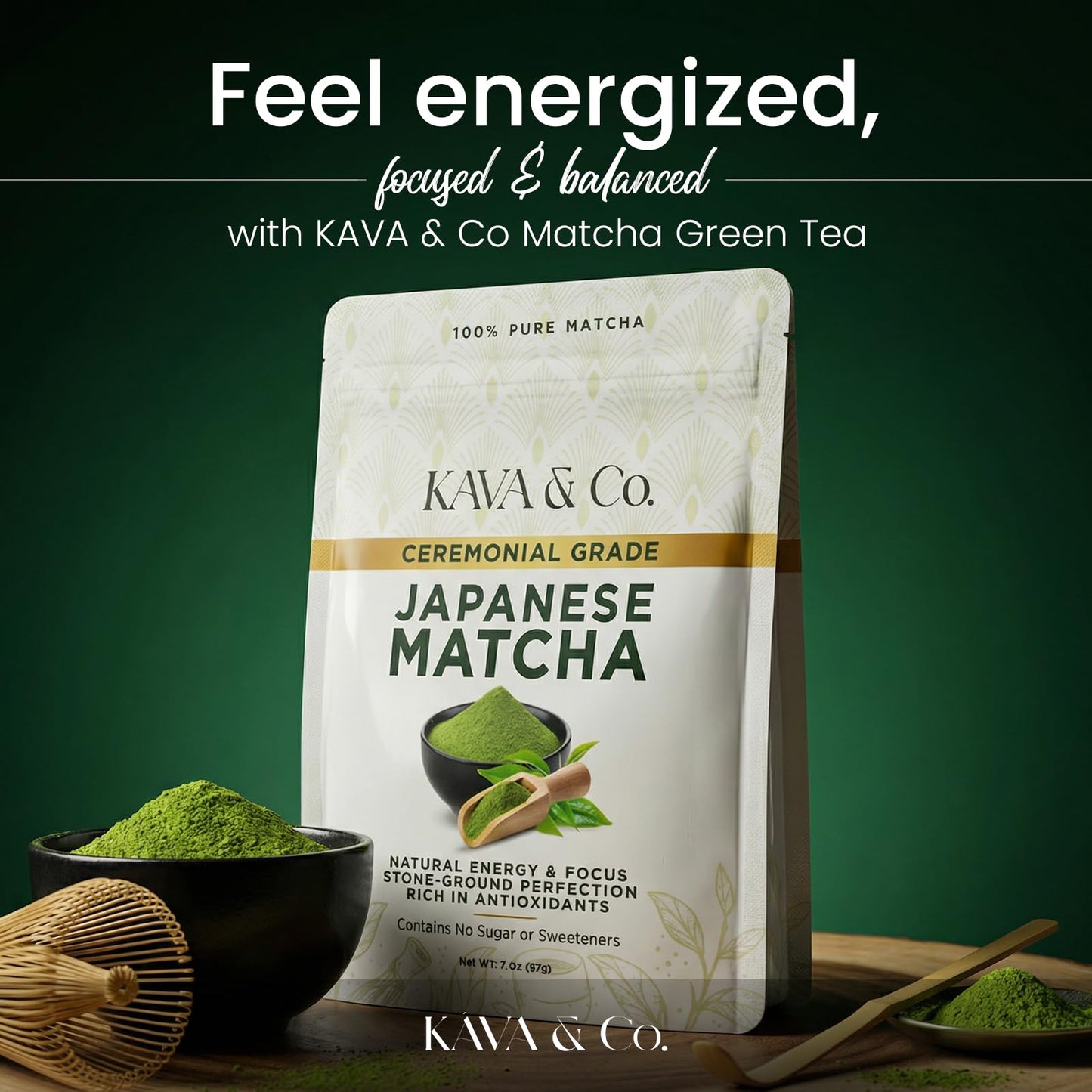Kava and Co Ceremonial Matcha - Premium Japanese Green Tea - Authentic Stone Ground Matcha Powder - Shade Grown Leaves for Natural Energy - Jitter