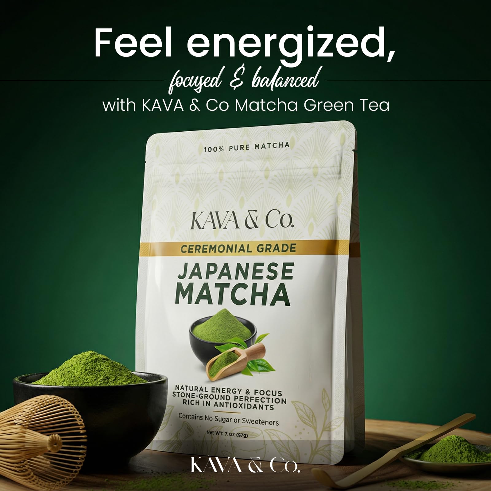 Kava and Co Ceremonial Matcha - Premium Japanese Green Tea - Authentic Stone Ground Matcha Powder - Shade Grown Leaves for Natural Energy - Jitter