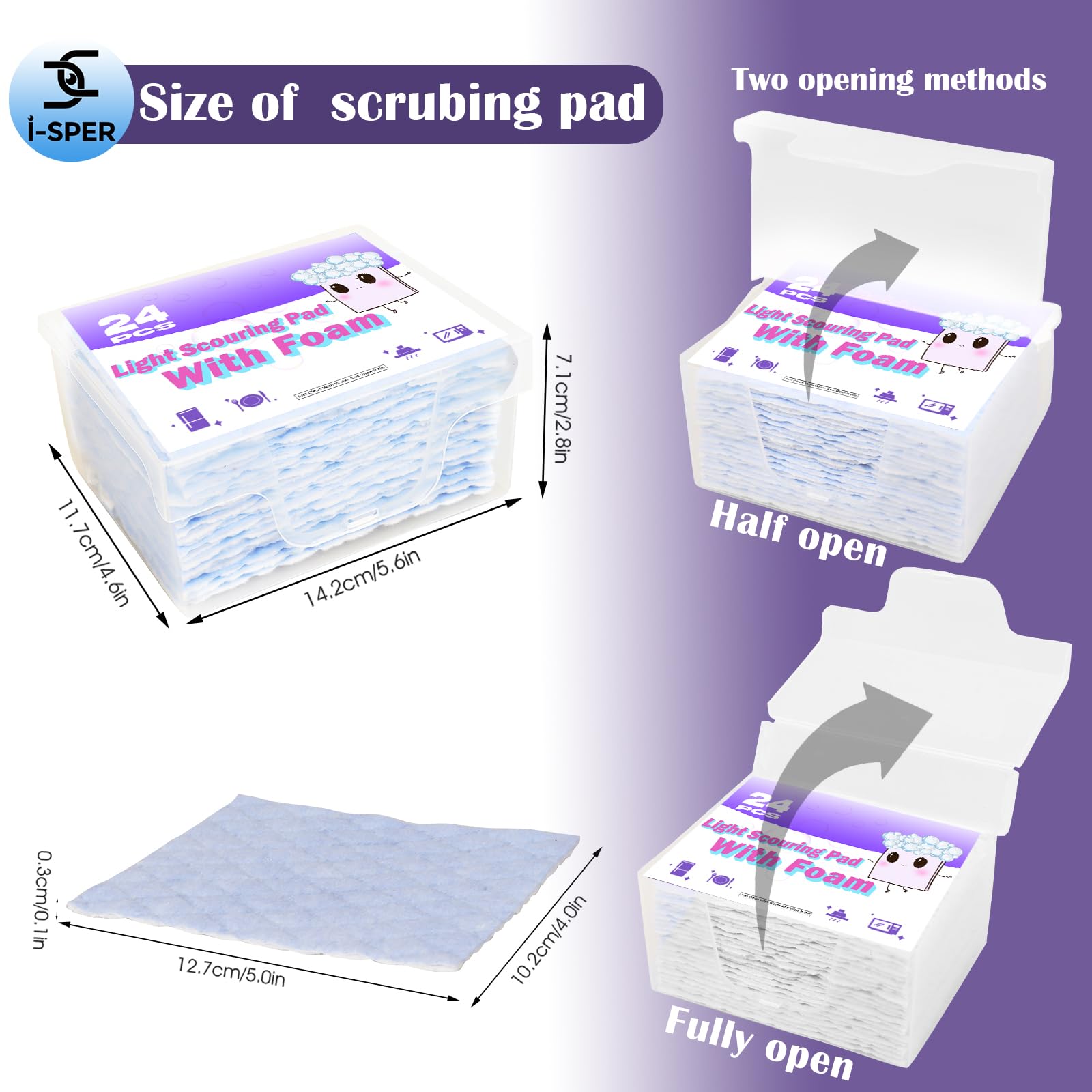 24 Pack Light Scouring Pad with Foam, Triple Cleaning Scrub Pad Singles Heavy Duty Household Non-Scratch Abrasive Hand Pad Multi Surface Magic Sponge
