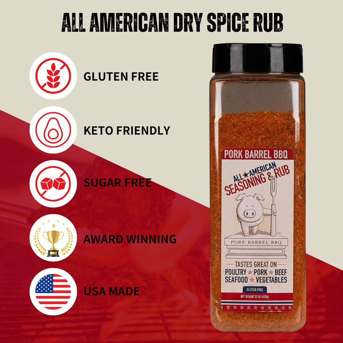 Pork Barrel BBQ All-Purpose BBQ Seasoning & Rub | Sugar-Free, Gluten-Free, MSG-Free | All American BBQ Seasoning for Chicken, Beef & Pork - 22oz Jar