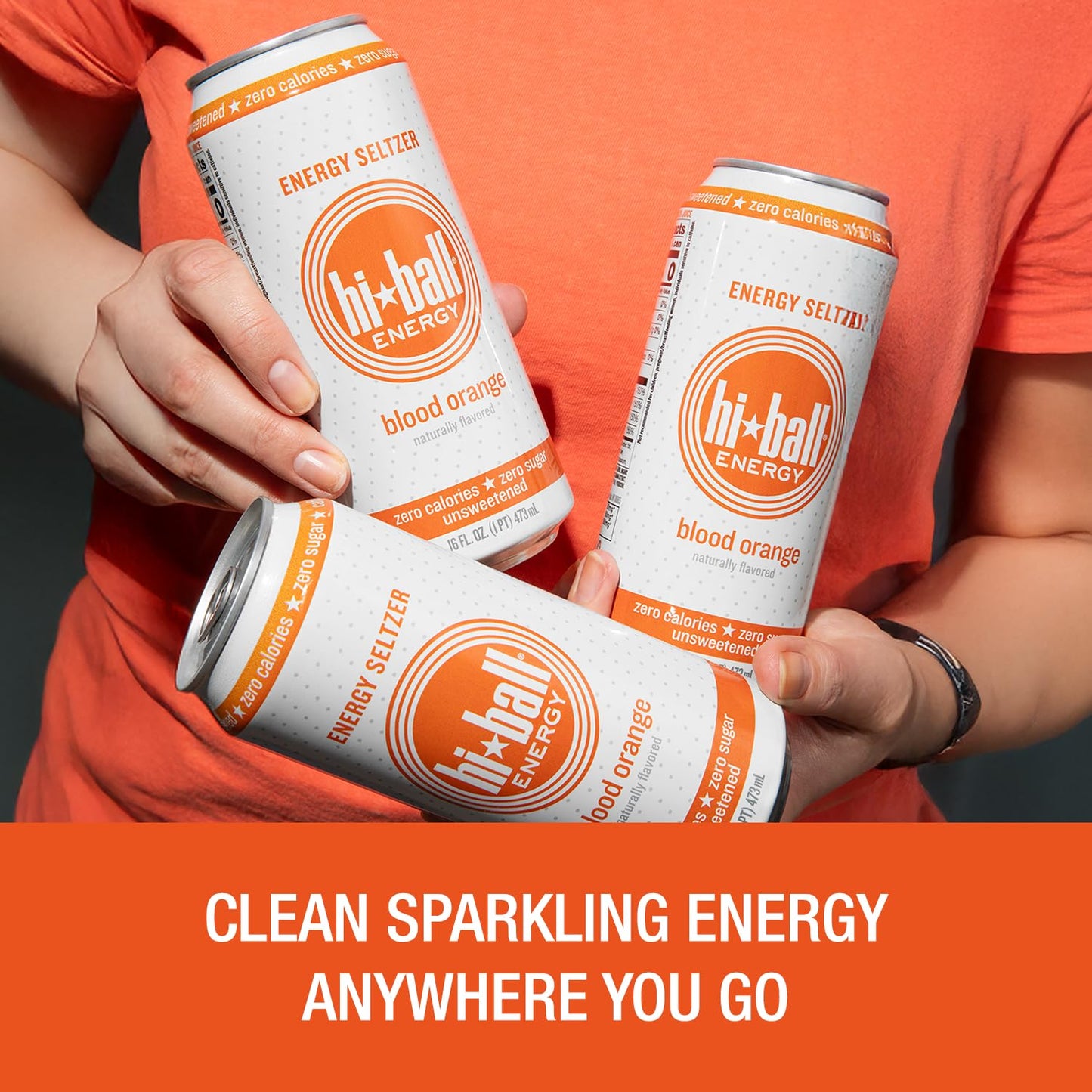 Hiball Clean Energy Drink - Blood Orange - Zero Sugar, Zero Calorie Sparkling Water with 160mg Organic Caffeine, 50mg Organic Ginseng, 50mg Organic