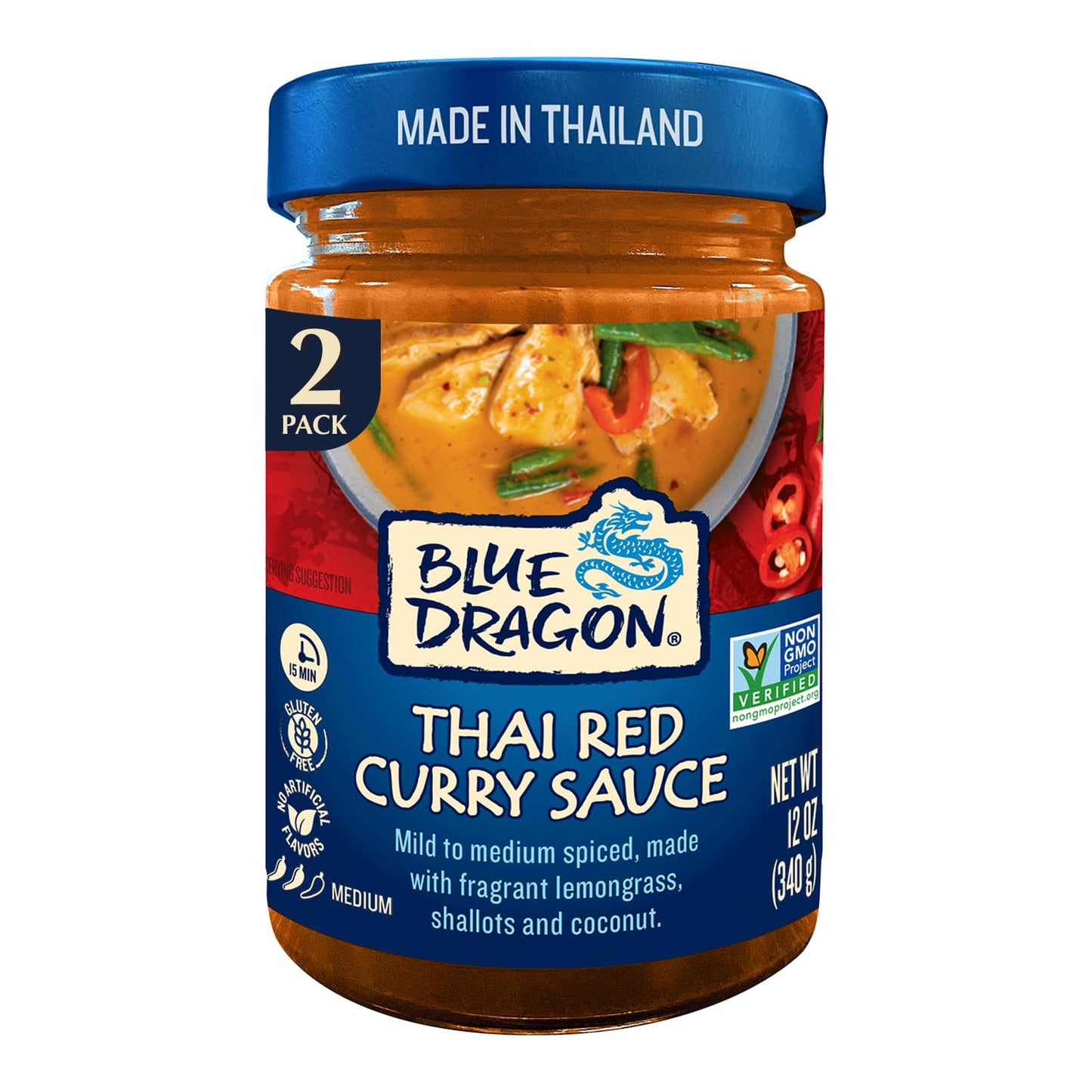 Blue Dragon Thai Red Curry Sauce - 12oz Jar (Pack of 2) - Mild/Medium Spiced Red Curry Simmer Sauce made w/Lemongrass, Shallots & Coconut Pulp