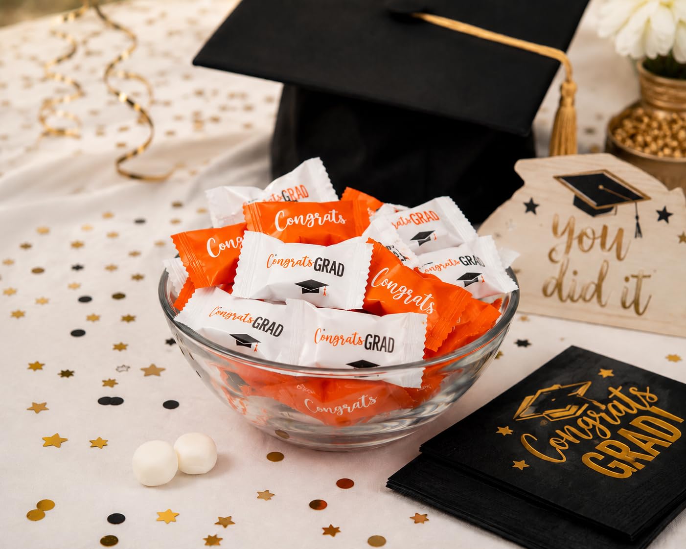 Fun Express Graduation Buttermints Individually Wrapped - 108 Orange Mint Candy Pieces for Party Favors & Candy Buffet | Vegan & Kosher Certified