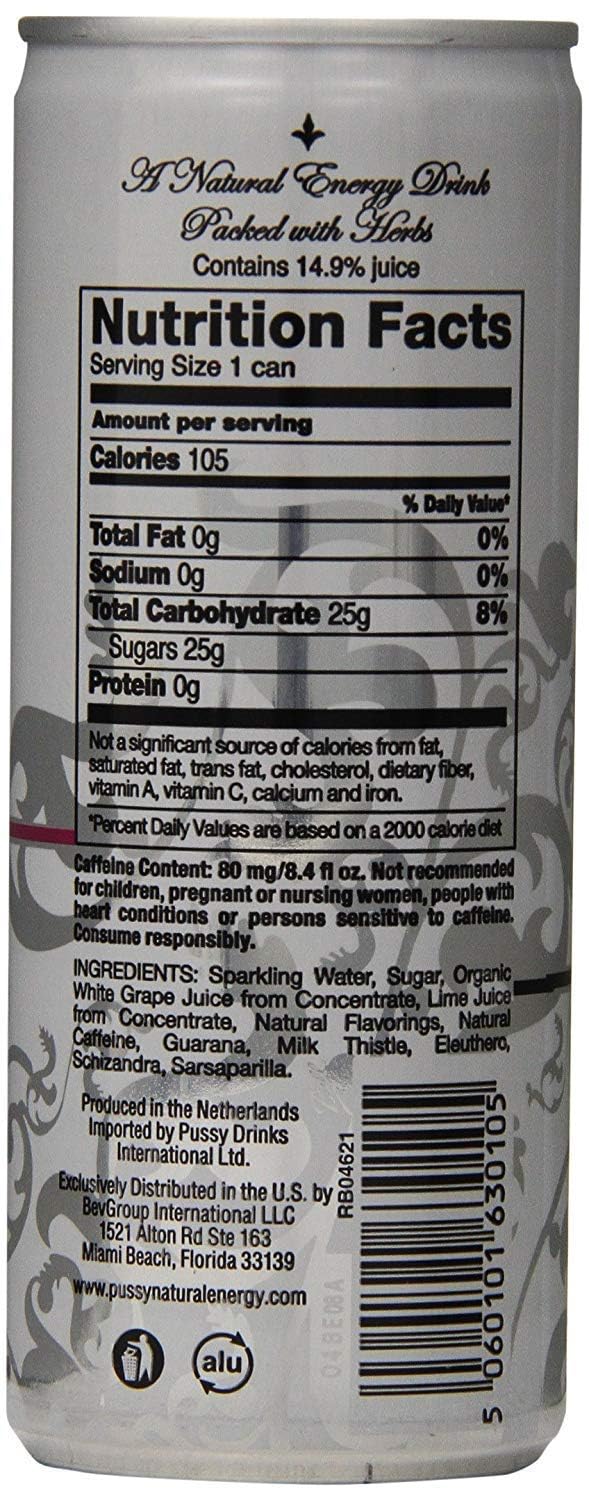 Pussy's Natural Energy Drink - Carbonated Energy Drinks Pack of 12-250ml - All Natural Caffeine Drinks - ILIOS Packaging.