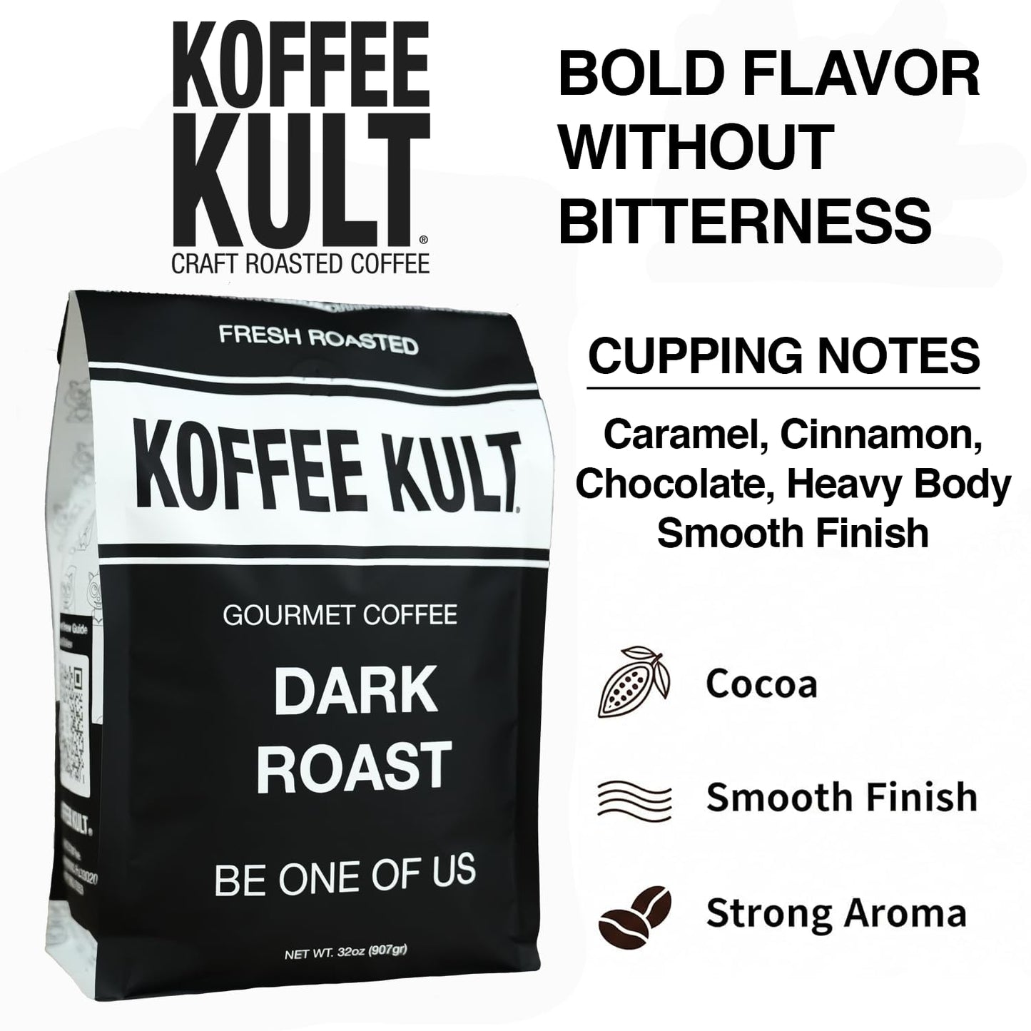 Koffee Kult Dark Roast Whole Bean Coffee - Small Batch 100% Arabica Gourmet Blend, Smooth and Well Balanced Artisan Roasted in 32oz Resealable Package