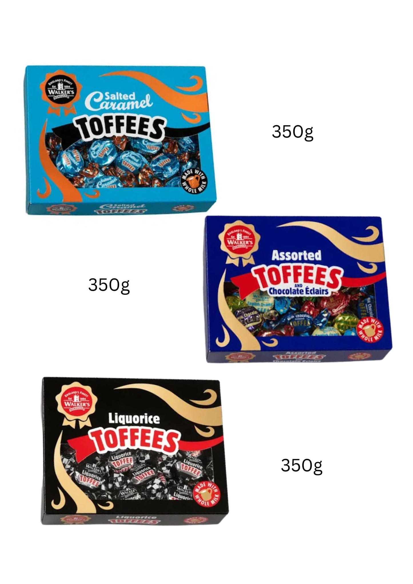 AMBARII Walkers Nonsuch Salted Caramel Toffee, Liquorice, Nonsuch Assorted & Chocolate Eclairs, Pack of 3, Toffee Gift Hamper 350g Each