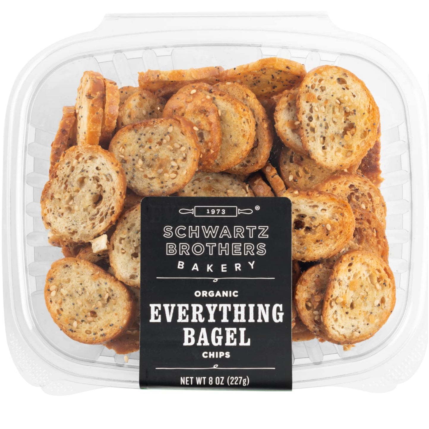 Everything Bagel Chips NY Style Bagel Crisps. Organic, Vegan, Kosher. From the artisans of Schwartz Brothers Bakery. Baked Fresh. Twice Baked. 8 ounce