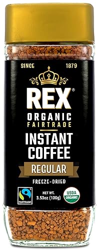 Rex Coffee Organic Fairtrade Freeze-Dried Instant Coffee - Medium Roast Arabica, 3.53 oz Glass Jar - Lab Tested for Mold, Mycotoxins, Heavy Metals