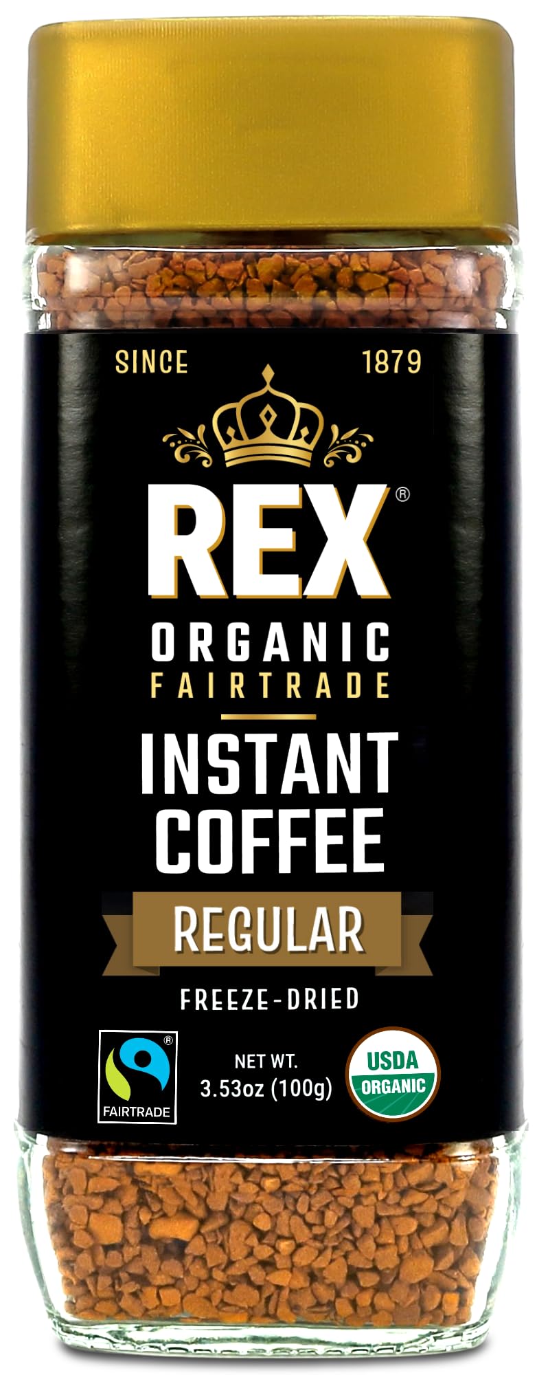 Rex Coffee Organic Fairtrade Freeze-Dried Instant Coffee - Medium Roast Arabica, 3.53 oz Glass Jar - Lab Tested for Mold, Mycotoxins, Heavy Metals
