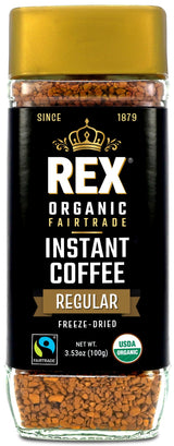 Rex Coffee Organic Fairtrade Freeze-Dried Instant Coffee - Medium Roast Arabica, 3.53 oz Glass Jar - Lab Tested for Mold, Mycotoxins, Heavy Metals