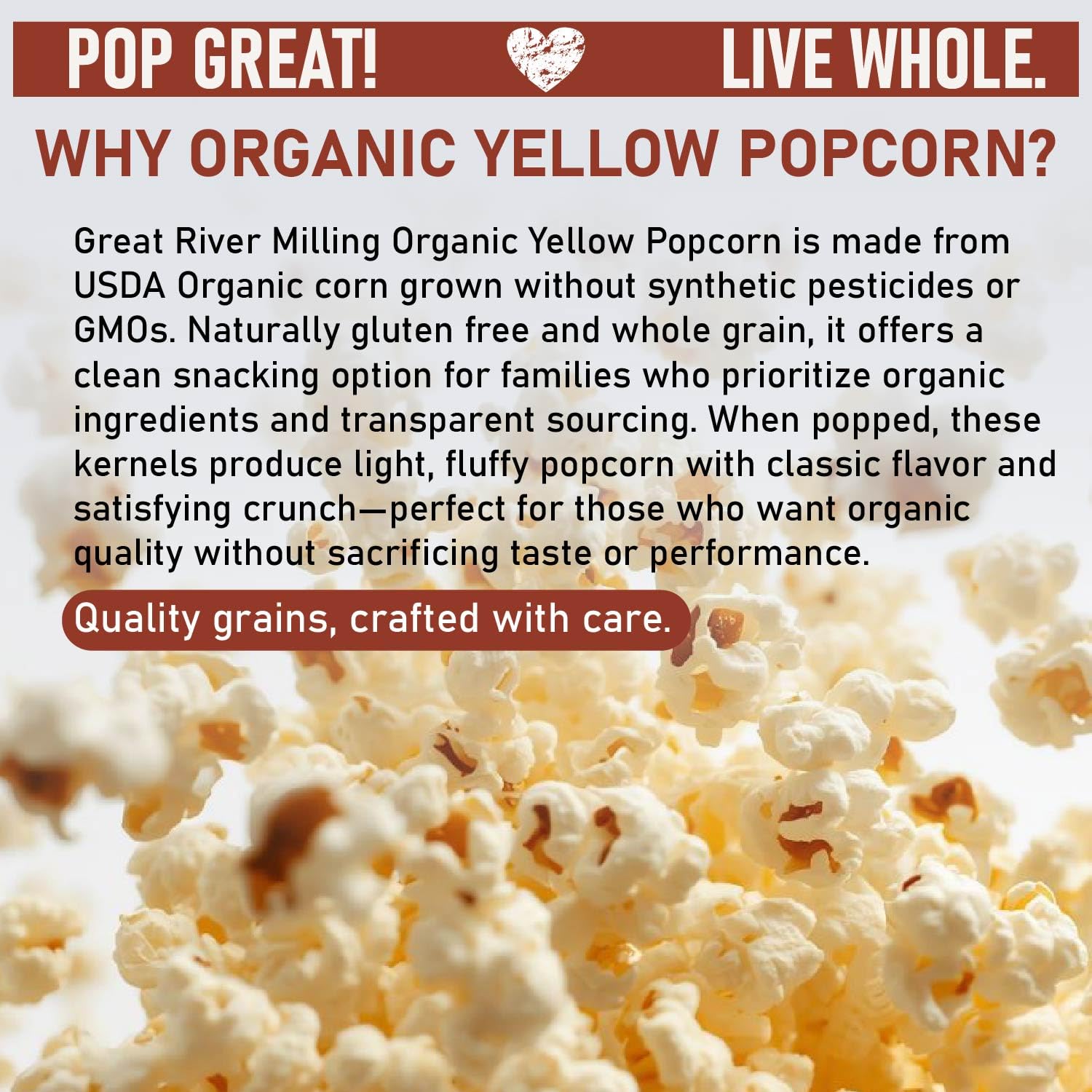 Great River Milling Organic Yellow Popcorn Kernels | Gluten Free Whole Grain Popcorn for Air Popper, Stovetop & Popcorn Machines | Non-GMO, USDA