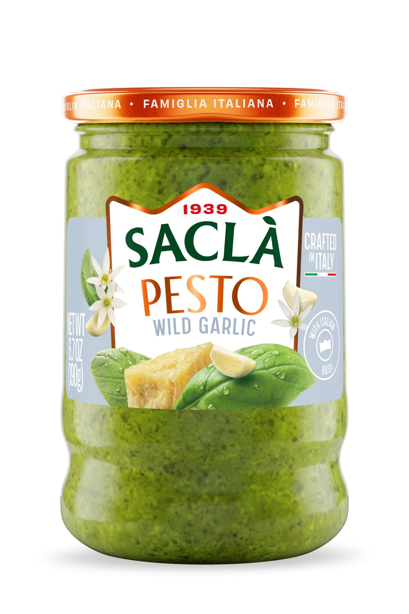 SACLA Wild Garlic Pesto Sauce | Basil & Wild Garlic Italian Pesto with Parmigiano Reggiano & Pecorino Romano Cheeses | 6.7 oz Glass Jar | Non-GMO