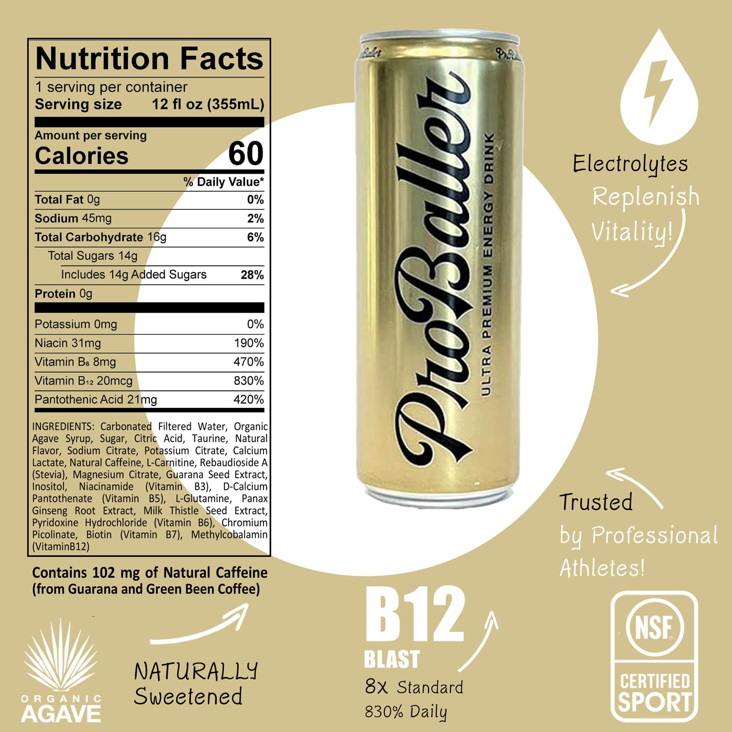 ProBaller Clean Energy Drink - Athlete-Grade Energy for Focus & Performance, Sweetened with Organic Agave, NSF Certified for Sport, Natural Caffeine