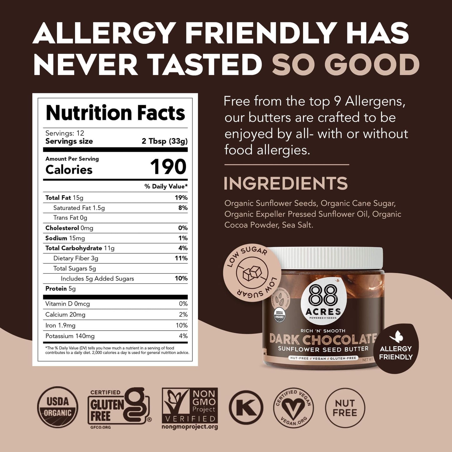 88 Acres Organic Sunflower Seed Butter, Dark Chocolate, 14 oz Jar, 2 Pack, Butter Spread with 5g Plant-Based Protein, Gluten Free, Nut Free, Vegan