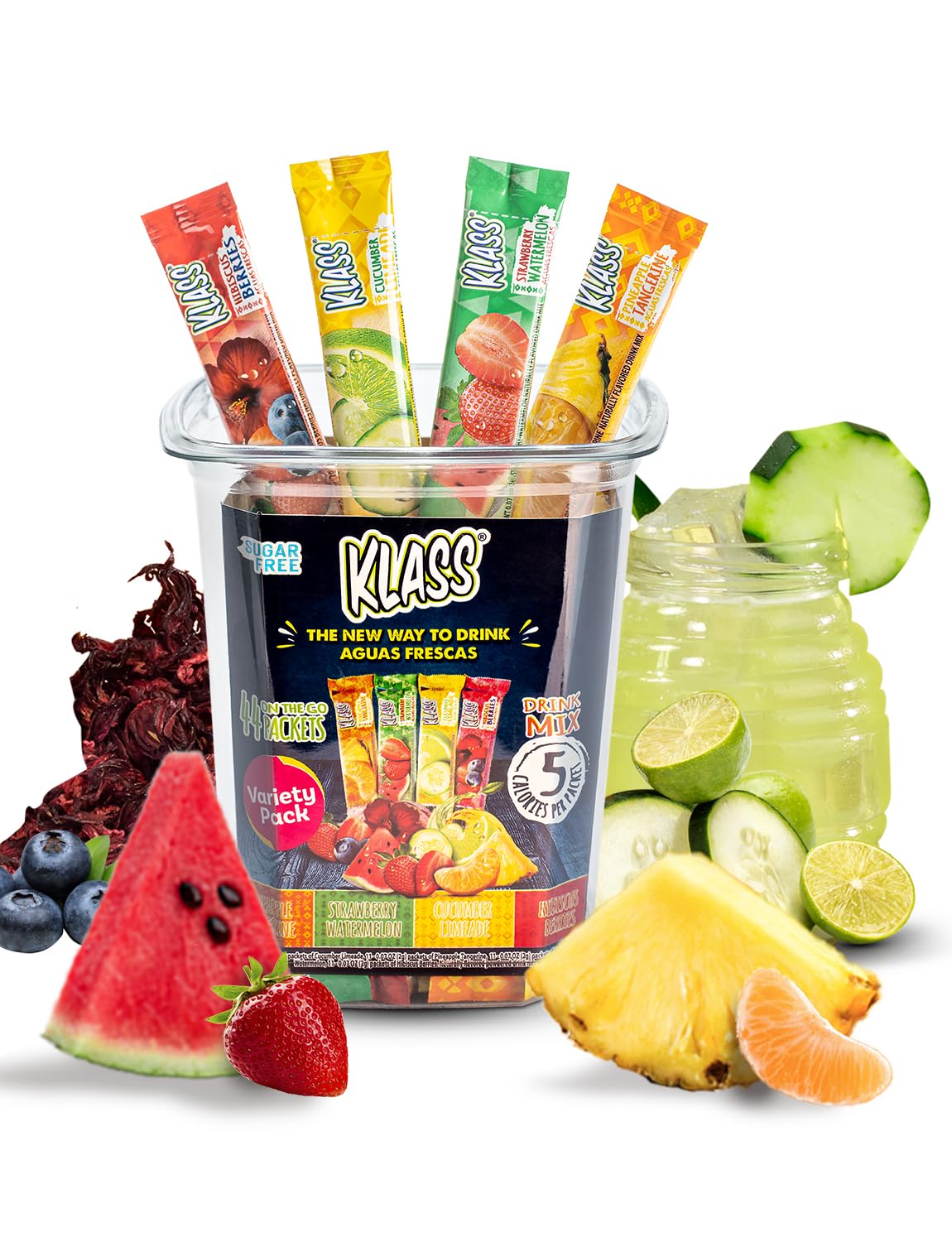 Klass Aguas Frescas, Powdered Drink Mix Variety Pack, 44 Singles Zero Sugar & Caffeine-Free Powder Packets, Water Drink Mix, Flavors: Cucumber Limeade