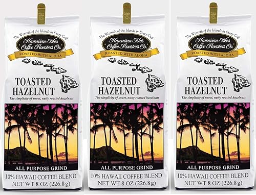 NEW Hawaiian Isles Kona Coffee Co. Toasted Hazelnut - 8 ounce bag -SET OF 3