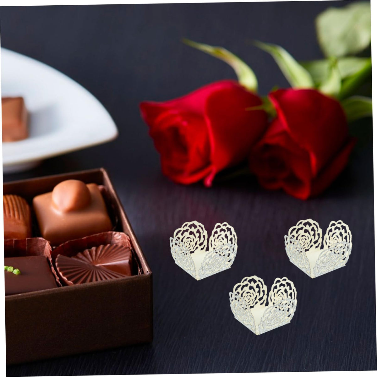 BESTYASH 50Pcs Hollow out Chocolate Cups Paper Wrappers Elegant Truffle Wrappers for Wedding Party Centerpieces Creative Chocolate Packaging Liners