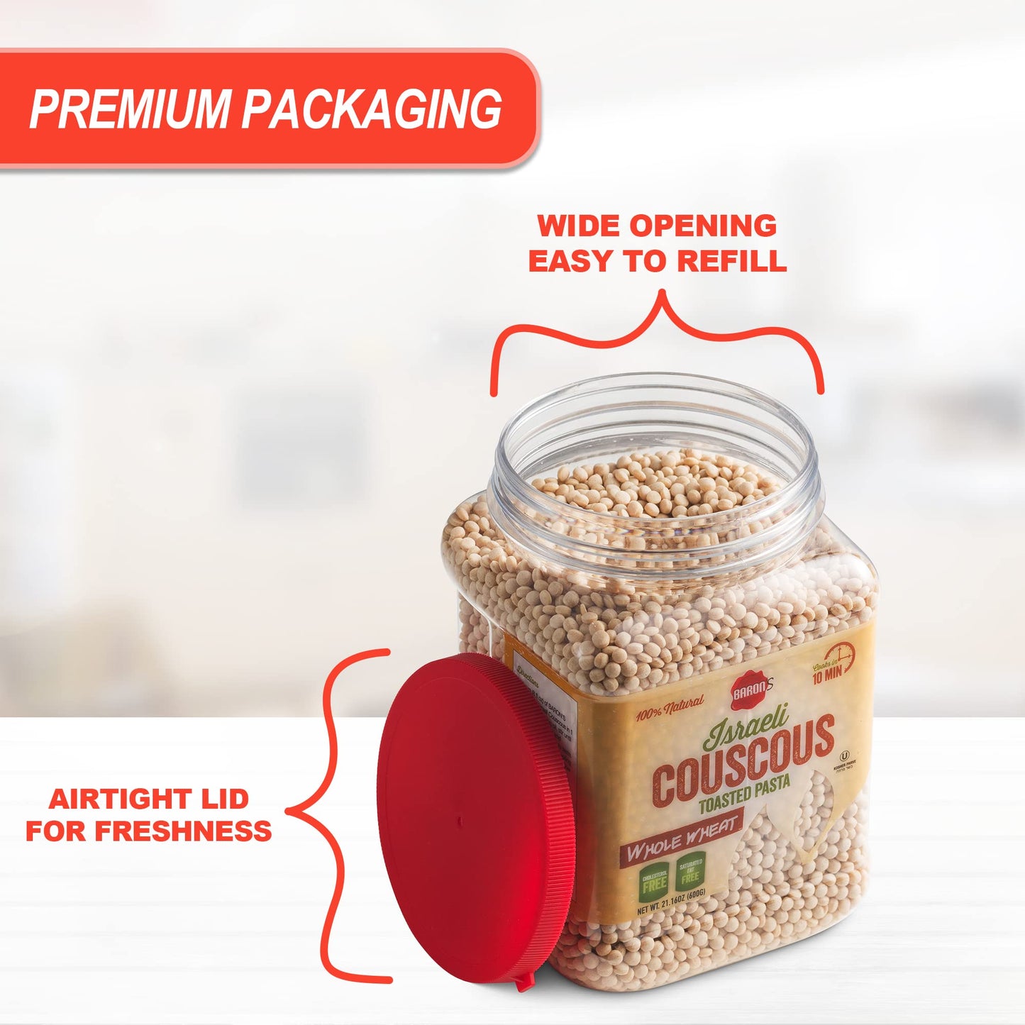 Baron’s Israeli Whole Wheat Couscous Toasted Pasta | 100% Natural Pearled Noodles for Soups, Side Dishes & More | Cooks in 10 Minutes! | Kosher | 2 Pack 21.16oz Jars
