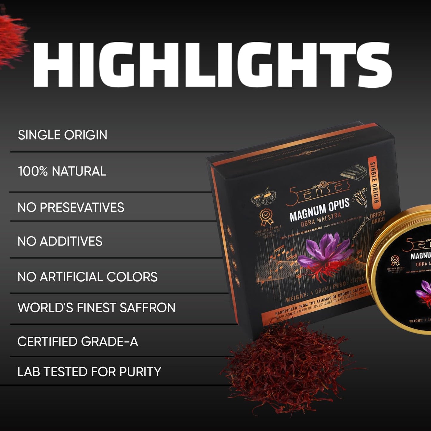 5Senses Kashmir Mongra Saffron | Azafran | Magnum Opus | Premium Grade A Saffron Threads | Whole Red Gold Spice | Single Origin, Non-GMO, Fairtrade