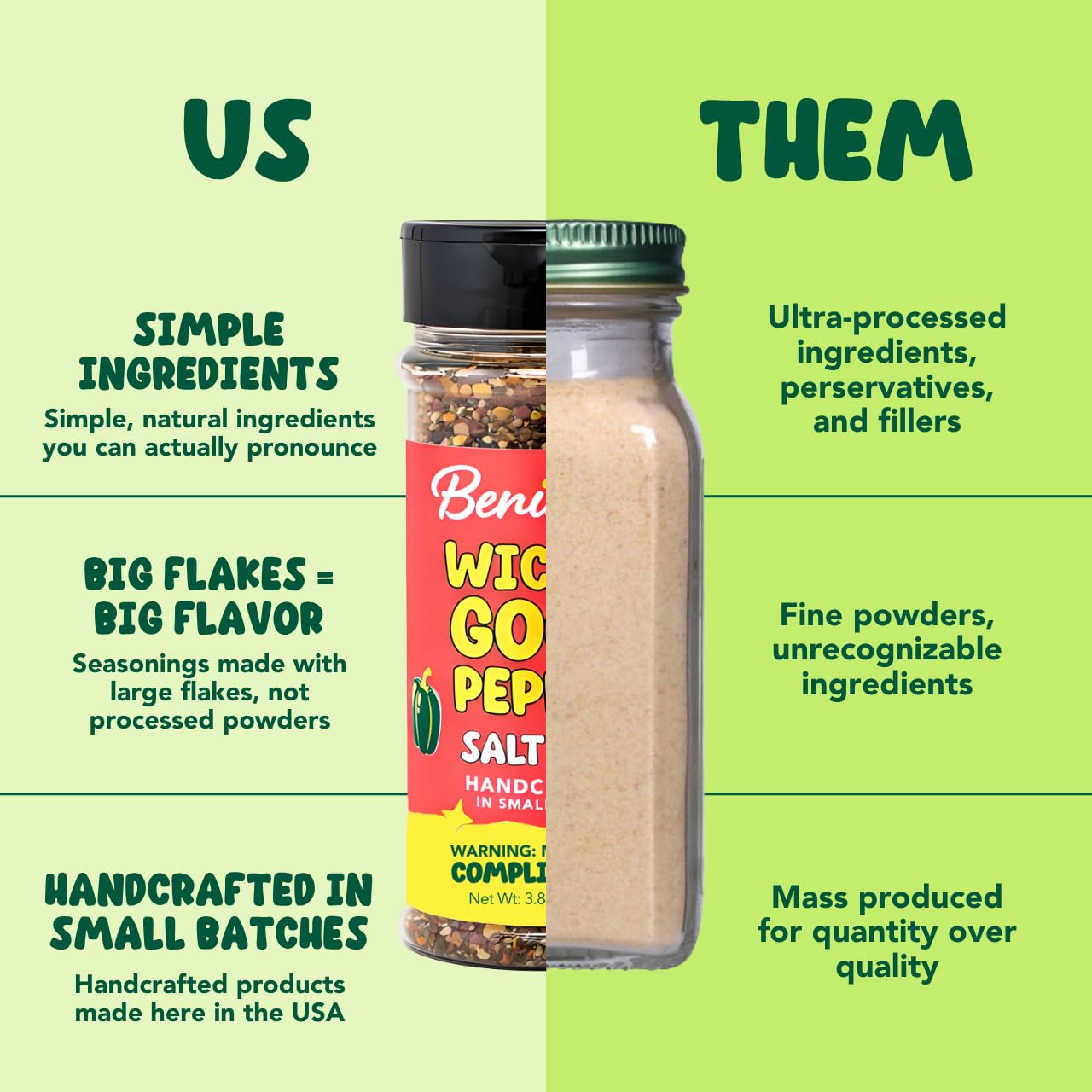 Benissimo Wicked Good Pepper Seasoning, Salt Free Flake & Granule Blend for Meats, Vegetables, Eggs, Pasta, Soups, Stews, Dry Rubs, Grilling & Table