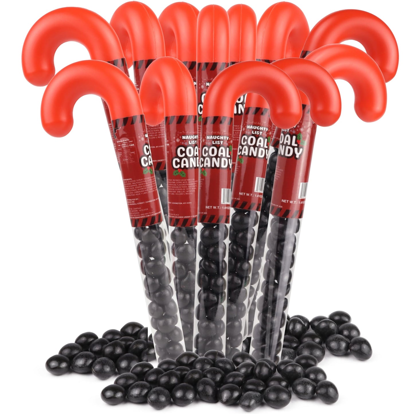 Naughty List Coal Candy Cane Tubes, Bulk Funny Christmas Stocking Stuffer Gag Gifts, Strawberry Flavored Chewy Treats, 1.41 Ounces (Box of 12)