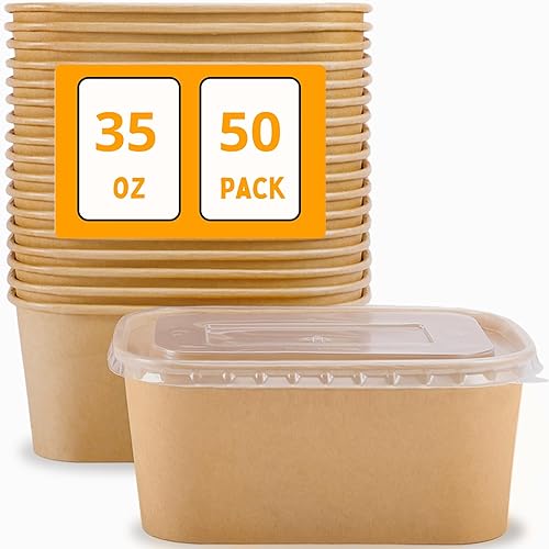 Gdotmely 50 Pack Paper Food Containers with Lids,35 oz Kraft Paper Bowls,Cardboard Meal Prep Containers with Lids for Salad,Snacks,Desserts,Hot/Cold