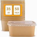 Gdotmely 50 Pack Paper Food Containers with Lids,35 oz Kraft Paper Bowls,Cardboard Meal Prep Containers with Lids for Salad,Snacks,Desserts,Hot/Cold