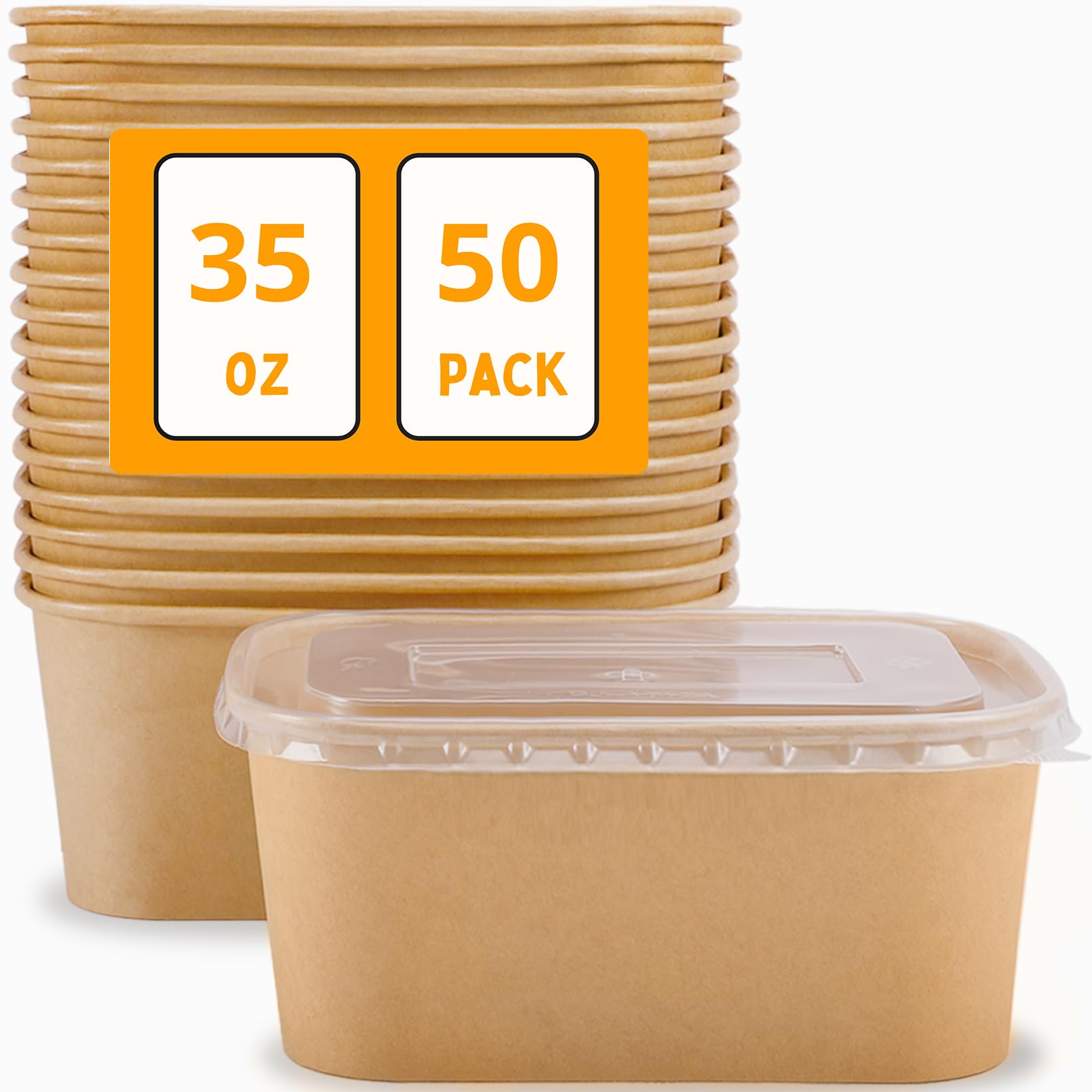 Gdotmely 50 Pack Paper Food Containers with Lids,35 oz Kraft Paper Bowls,Cardboard Meal Prep Containers with Lids for Salad,Snacks,Desserts,Hot/Cold