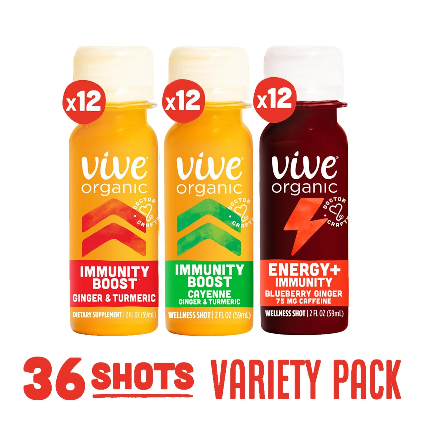 Vive Organic Wellness Shots Fridge Stock Up Variety Pack | 12 Immunity Boost Orginial | 12 Immunity Boost Cayenne | 12 Energy + Immunity (2 oz Shots