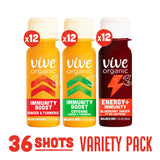 Vive Organic Wellness Shots Fridge Stock Up Variety Pack | 12 Immunity Boost Orginial | 12 Immunity Boost Cayenne | 12 Energy + Immunity (2 oz Shots
