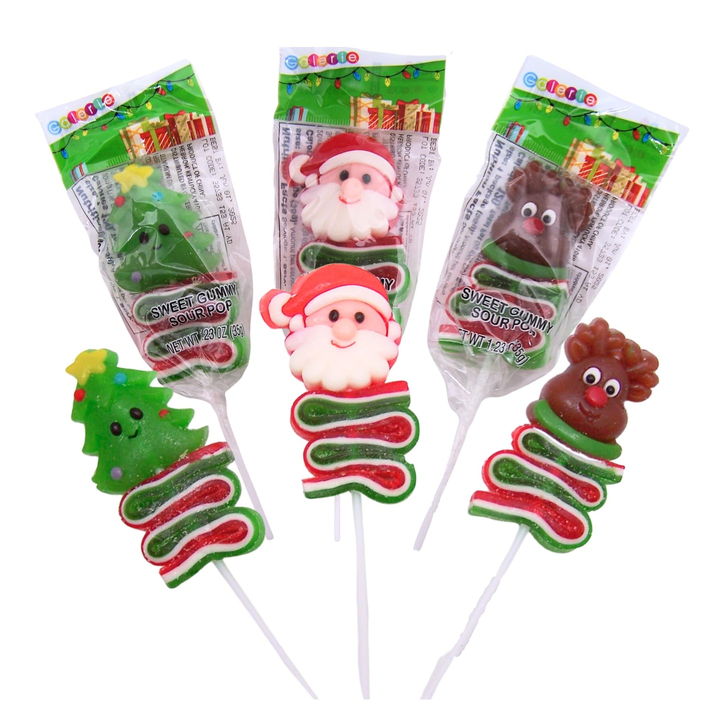 Christmas Character Sour Gummy Lollipops, 3 Pack, Assorted Designs, Perfect Stocking Stuffer, 1.23 Ounces