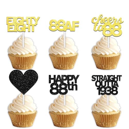 18pcs Black Gold Glitter Dessert Cupcake Pick for Straight Outta 1938 Cheer to 88 Years Old Theme Decor Supplies Happy 88th Birthday Party Decoration