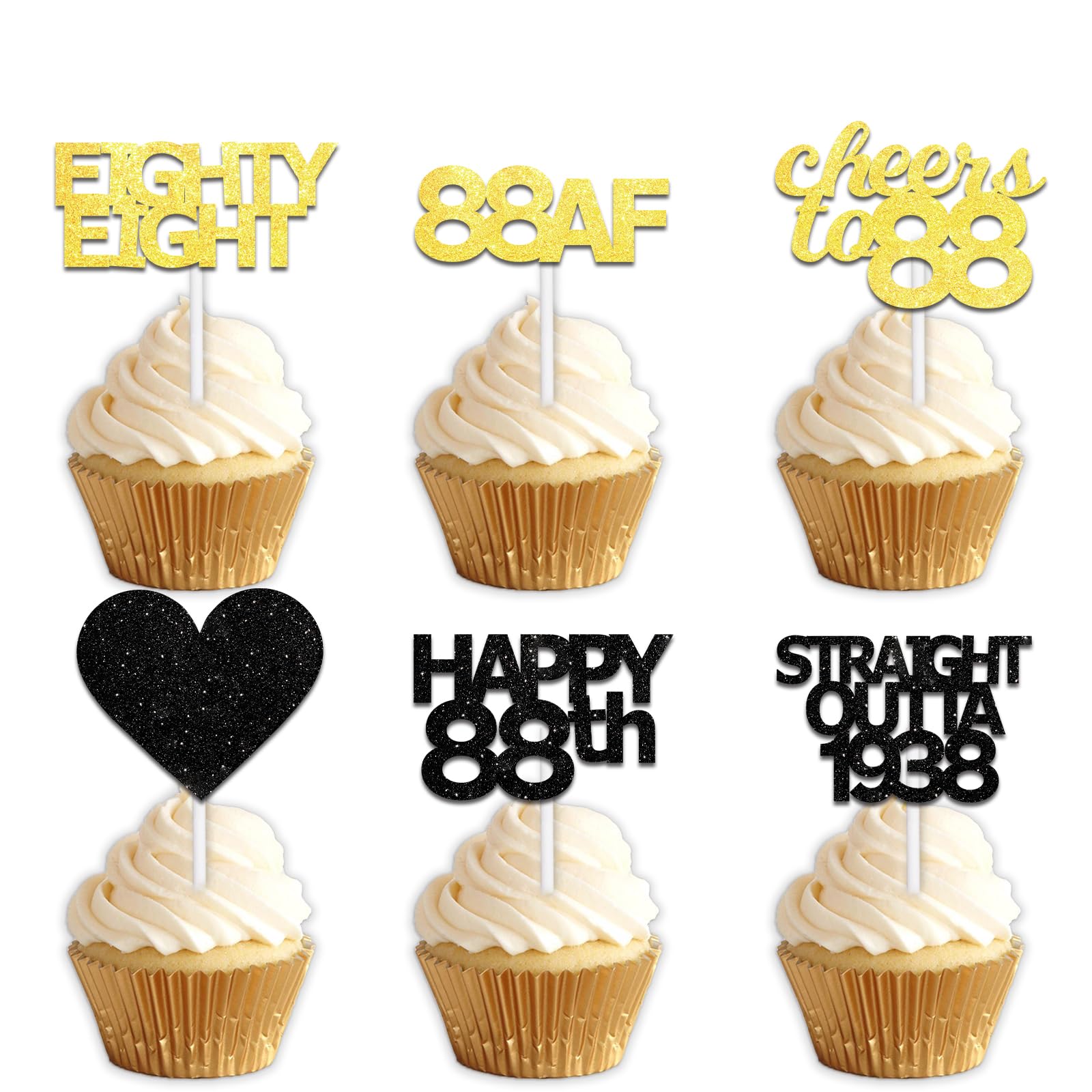 18pcs Black Gold Glitter Dessert Cupcake Pick for Straight Outta 1938 Cheer to 88 Years Old Theme Decor Supplies Happy 88th Birthday Party Decoration